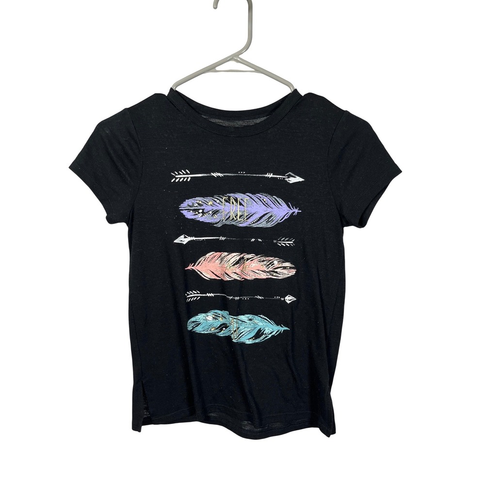 Mudd Girls Black Graphic Tee Size 12 Boho Feather Arrow Short Sleeve Slub Shirt‎